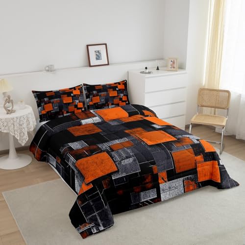 Image of Feelyou Orange Black Bedding Set Twin Size, Kids Geometric Grid Comforter Set Geometrics Comforter Abstract Art Duvet Insert Bed Set 2Pcs