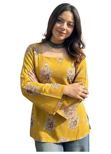Image of ANNI Designer Women's Viscose Blend Printed Short Kurti | Straight Fit Ethnic Top with Square Neck | Bell Sleeve Indian Kurta for Office College, Party