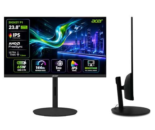 Image of Acer SH242Y P1 23.8 Inch FHD IPS Gaming Monitor I 144Hz Refresh Rate I 1ms VRB I USB Type-C 65W PD I AMD FreeSync I Ultra Slim Design I ErgoStand I HDMI I Built-in Speakers I VisionCare Technology