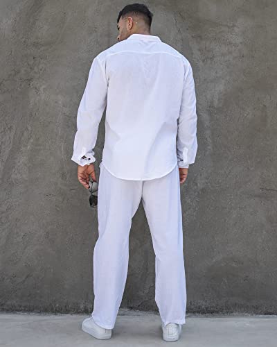 RPOVIG Linen Shirt Sets Outfits:Men's 2 Pieces Henley Shirts Long Sleeve Loose Yoga Pants Beach Clothing3