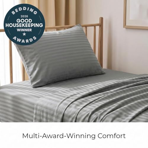 Image of Mellanni Twin Sheets Set - 3 PC Iconic Collection Bedding | Hotel Luxury, Extra Soft, Cooling Bed Sheets - Wrinkle, Fade, Stain Resistant (Twin, Striped Gray /Silver)