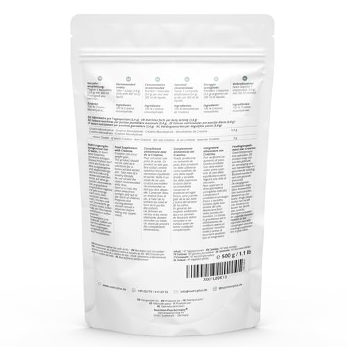 Nutri + Creatin Monohydrat 500 g - Kreatin Pulver hochdosiert, ultrafein, vegan und neutral - Creatine Powder Mono Mesh 200… – Ansicht 5