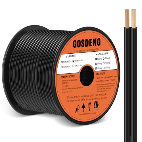GOSDENG 12/2 Low Voltage Landscape Wire 250FT Outdoor Landscape Lighting Cable 12 Gauge 2 Conductors Low Voltage Wire for Landscaping Lights,Copper Clad Aluminum Direct Burial