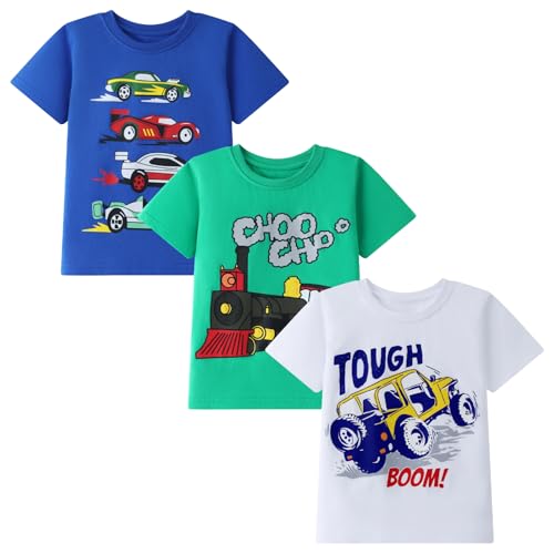 HILEELANG Toddler Boy Short Sleeve Tee Shirts Summer Cotton Casual Graphic Crewneck Tshirt Packs2
