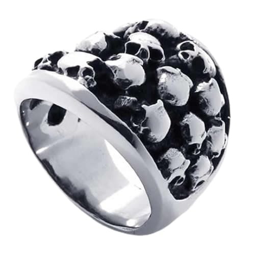 Bague biker homme en acier inoxydable robuste avec gravure de squelette gothique premium