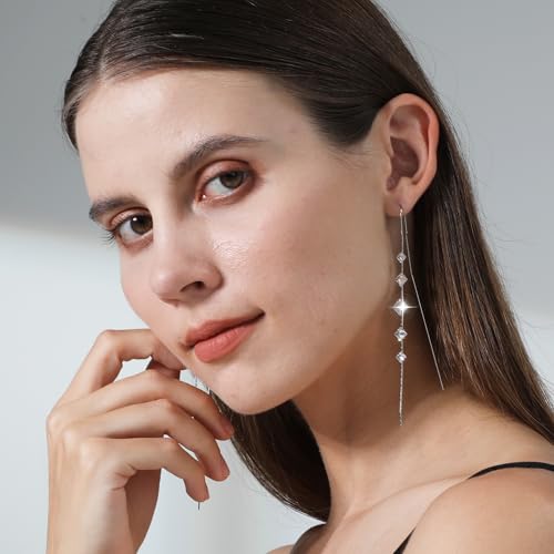 Ritach Silver Dangle Earrings for Women Long Silver Threader Prom Earrings Sparkly Dangle Drop Cubic Zirconia Jewelry for Gifts4