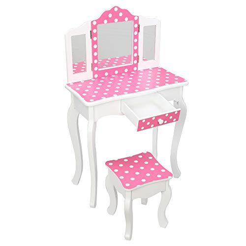 Image of Vanity Set,ShyneeMakeup Dressing Vanity Set Wooden Princess Makeup Table with Cushioned Stool,Drawer,Wooden Legs and Mirror, Make Up Dressing Play Set for Girls (Red Dots)