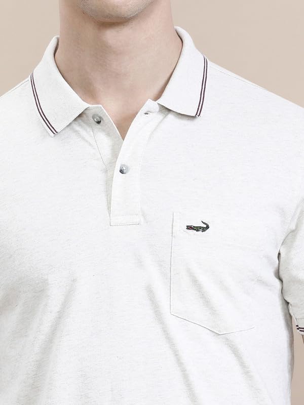 Image of CROCODILE Men Solid Slim Fit Polo T-Shirt | Regular Length | Short Sleeve | Button Placket | Casual Knitted Topwear
