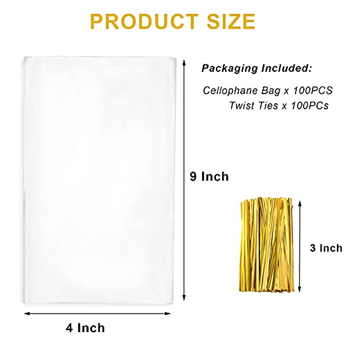 Yotelab Cellophane Treat Bags, 4X9 Inches Clear Cellophane Bags With Twist Ties,100 Pcs #TOP1