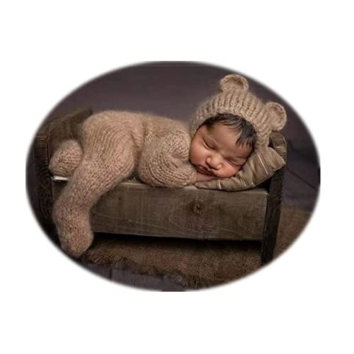 Vemonllas Newborn Photography Props Boys Girls Outfits Mohair Bear Hat Bonnet & Footed Romper Bodysuit Photoshoot Costume Set (Camel) #TOP7