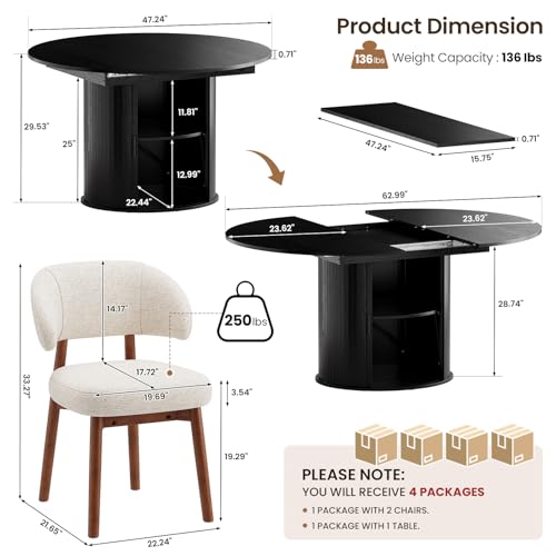 Image of MALOL 47 inch-63 inch Extendable Round to Oval Dining Room Table Chairs Set for 4-8, Modern Wooden Kitchen Table and Chairs with Hidden Storage and Fluted Design for Dining Room /Small Space(Black and Beige)