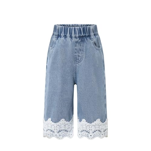 Girls Elastic Waist Straight Jeans Blue Baggy Wide Leg Denim Pants