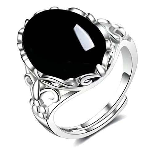 Natural Agate Onyx Stone Rings for Women,Adjustable White Gold Plated Sterling Silver Crusader Flower Fox Wedding Engagement Oval Round Gem Gemstone Birthstone Crystal Rings Jewelry