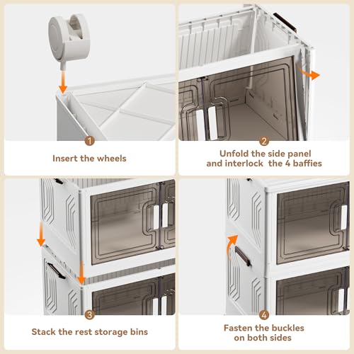 BTGGG 4er Pack Aufbewahrungsbox mit Deckel 54L*4 Stapelbare Aufbewahrungsboxen Kunstoffboxen Klappbox Plastikbox mit Deckel, Faltbare Aufbewahrungsbehälter Aufbewahrungsboxen mit Türen und Rollen