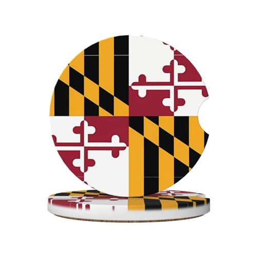 Juego de 2 posavasos de cerámica con diseño de bandera de Maryland para coche, 2.56 pulgadas, parte inferior de corcho de cerámica, adecuados para bebidas, tazas y decoración del hogar