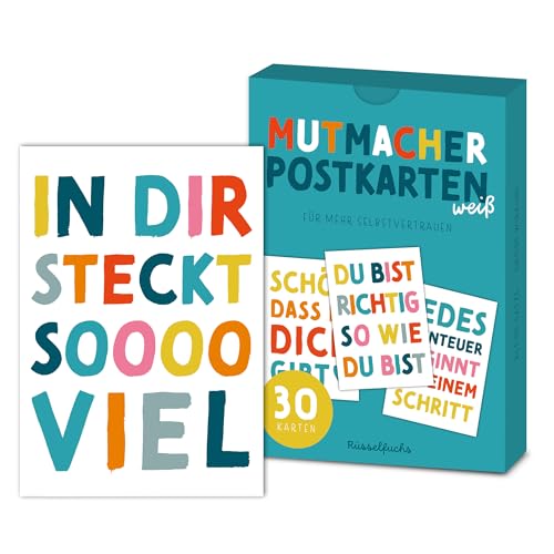 Rüsselfuchs Positive Sprüche Postkarten - 30 Stück Mutmacher-Karten - 15 Motive jedes Motiv doppelt - Affirmationskarten DIN A6 weiß