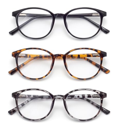 FoxMook 3-Pack Blue Light Blocking Glasses Round Women Men Computer Glasses Anti Eye Strain/UV/Glare Gaming Glasses, Black Brown-Tortoise Gray-Tortoise