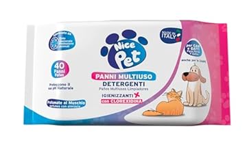 Nice Pet Salviette Multiuso Detergenti Igienizzanti per Cani e Gatti, Formulazione Profumata al Muschio con Clorexidina, Confezione da 40 Salviette Umidificate