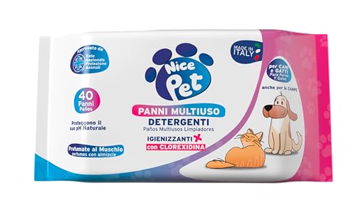 Nice Pet Salviette Multiuso Detergenti Igienizzanti per Cani e Gatti, Formulazione Profumata al Muschio con Clorexidina, Confezione da 40 Salviette Umidificate