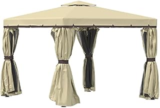 Outsunny 3 x 3(m) Patio Gazebo Canopy Garden Pavilion Tent Shelter with 2 Tier Water Repellent Roof, Mosquito Netting and Curtains, Aluminium Frame, Beige
