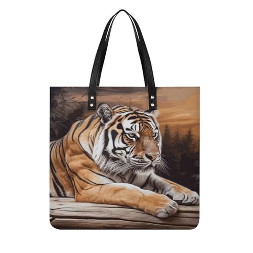 Grand sac fourre-tout tigre cuir PU | Sacs d'épicerie légers et tendance