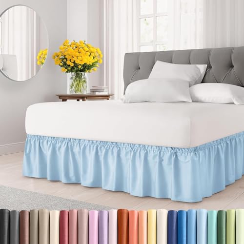 Image of Bed Skirt - Wrap Around Dust Ruffle Bed Frame Cover with Easy Fit Elastic Strap, Queen Size 12 Inch Drop, Microfiber Pleated, Machine Washable | Light Blue