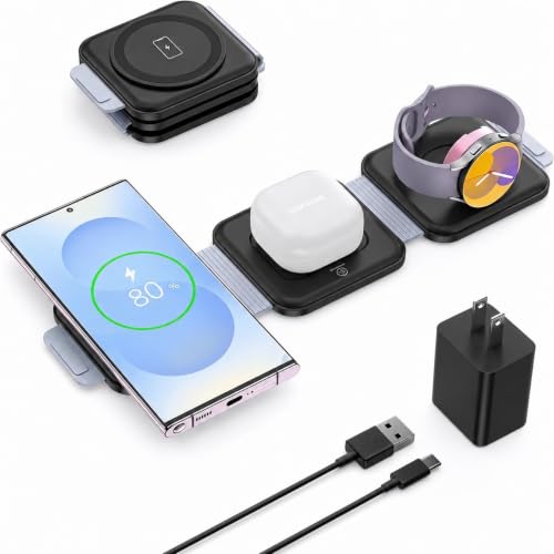 Travel Charger for Samsung Multi Devices, Foldable 3 in 1 Wireless Charging Station Fast Charging Stand/Pad Compatible for Samsung Galaxy S26/S25/S24/S23/Note20 Galaxy Watch8/7/6/Galaxy Buds4(Grey