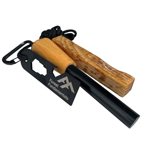 Forest Fundamentals™ Artisan Fire Starter™ | Ferro Rod Fire Steel & Striker | Mango hecho a mano de madera, Fatwood, cordón de supervivencia 550 | Bushcraft tradicional | Hasta 20.000 golpes