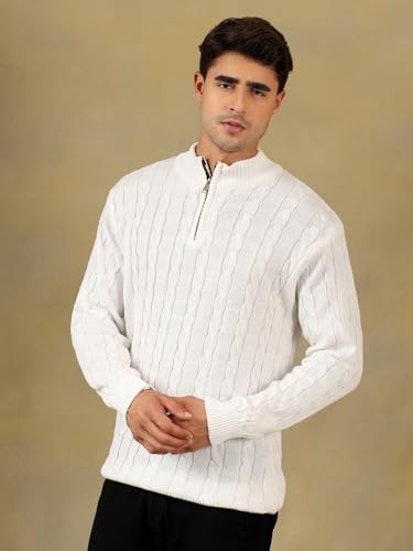 Image of Kvetoo Men's Wool High Neck Zipper Sweater, Full Sleeve Cable Knit Quarter Zip Winter Pullover