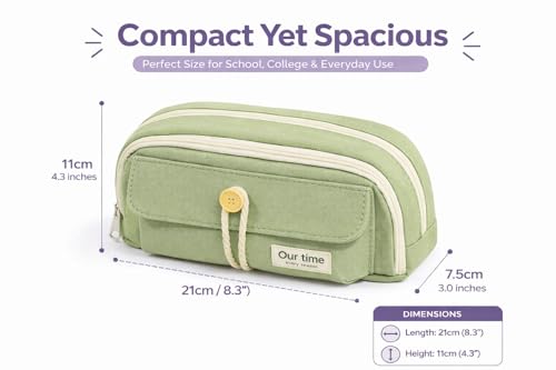 Image of Kawaii Cute Aesthetic Pencil Case for Girls & Boys | 3 Layer 6 Compartment Large Capacity Pencil Pouch with Zipper | Cartoon Stationery Organizer Bag for Students & Kids (Green)
