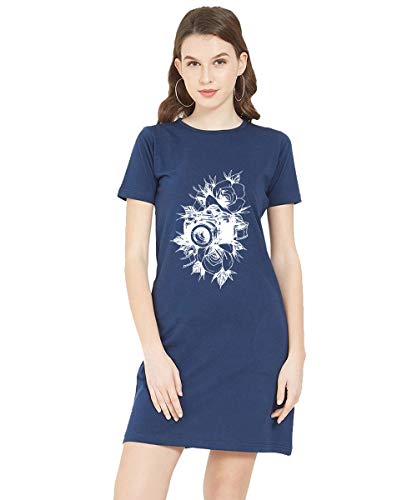 Image of Caseria Women's Round Neck Cotton T-Shirt Dress with Printed Graphics and Side Pockets - Flower Camera