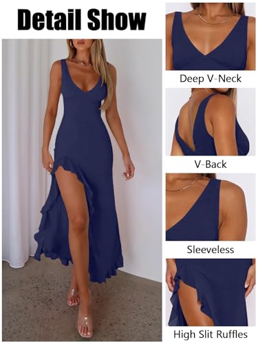 Women's Sexy V Neck Mesh Ruffles Hem High Slit Bodycon Maxi Dress for Women Formal Cocktail Wedding Guest Dresses4