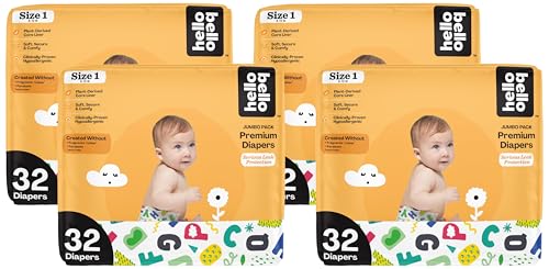 Image of Hello Bello Premium Baby Diapers Size 1 I 32 Count of Disposable, Extra-Absorbent, Hypoallergenic Baby Diapers with Snug and Comfort Fit I Alphabet Soup (Pack of 4)