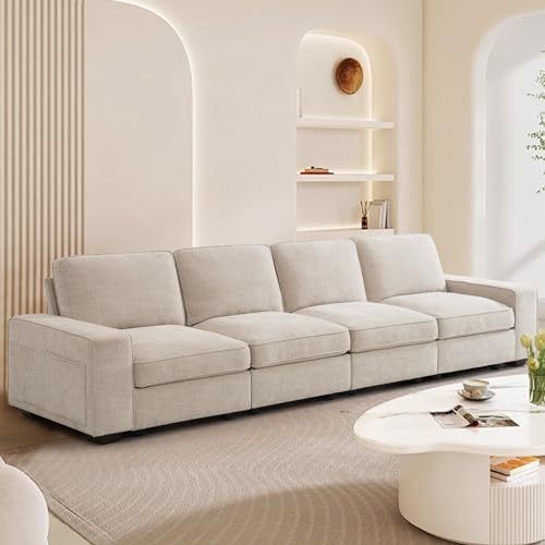 Image of TEKAMON 128 inch Modular Sofa Couch with Large Seats Storage, Chenille Sofa,Modern Comfy 4-Seater Couch for Living Room, Office, Deep Seat, Wide Armrest, Side Pockets, USB Port, Removable Covers, Beige