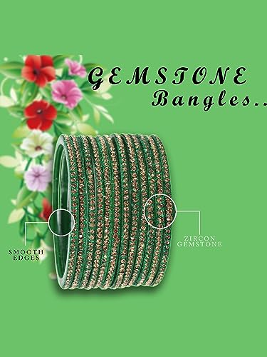 Image of NMII Glass with Zircon Gemstone and Beads Studdded Glossy Finished Traditional Bangle Set For Women and Girls