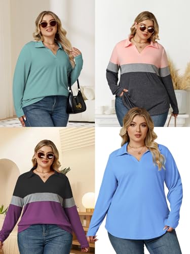 VISLILY Womens-Plus-Size-Tops Casual Collared V Neck Polo Shirts Flowy Long Sleeve Tunics Trendy Work Blouses XL-5XL4