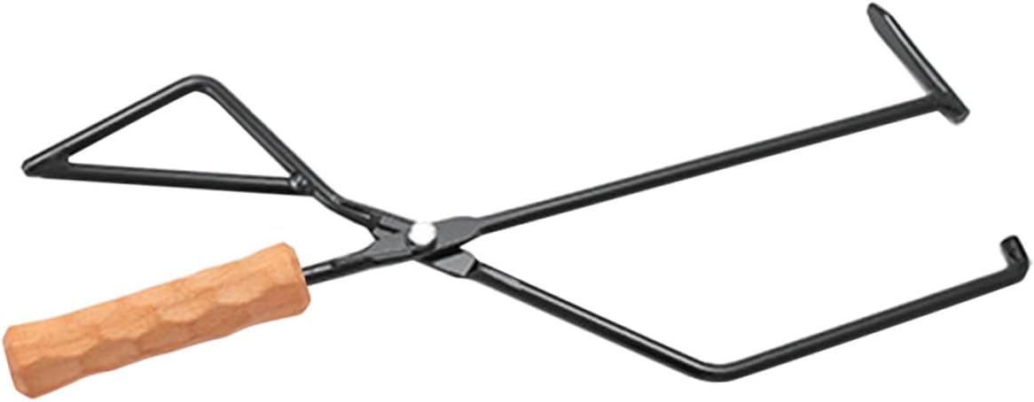 HANABASS Outdoor Charcoal Tongs with Beech Wood Handle, Spring-loaded Bbq Fire Pit Tong for Camping and Grilling, Metal Coal Grabber Tool for Fireplace and Barbecue