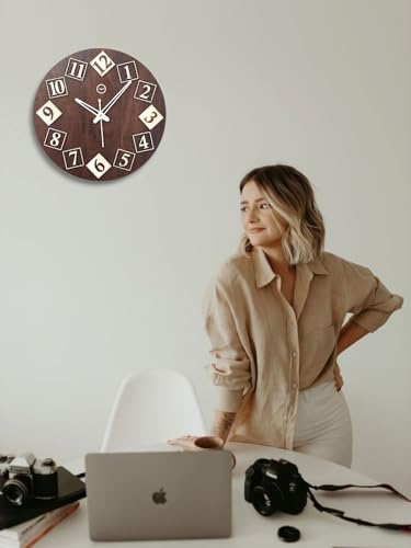 Image of cozyloom Antique Wooden Analog Wall Clock - Rustic Vintage-Style Classic Timepiece with Bold Number Blocks &Home, Living Room, Office Decor