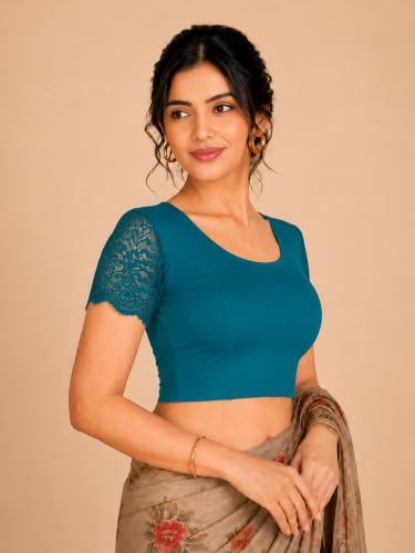 Image of Abhi Cotton Readymade Saree Blouse for Women- Half Net Sleeves, Round Neck, Regular-fit, Stretchable, Pull-on Style Blouse