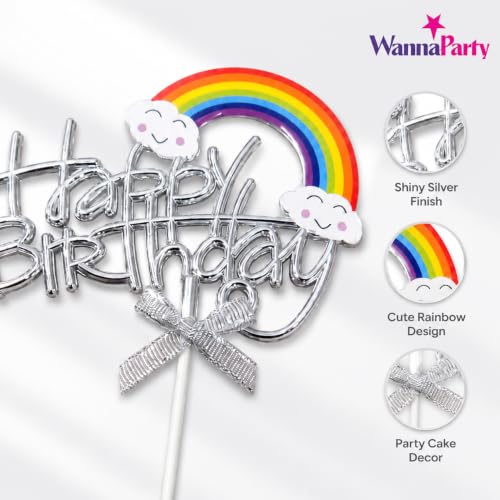 Image of Wanna Party Happy Birthday Rainbow Cake Topper, Silver Script Design with Cloud Rainbow & Bow, Birthday Cake Decoration Pick for Kids, Adults, Party Cakes & Dessert Table - 1PC