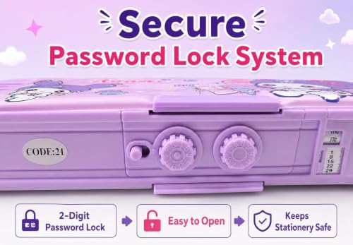 Image of WORSHIPER Multifunction Pencil Box for Girls with 2-Digit Password Lock, Built-in Sharpener & Calendar, Dual Sided Magnetic Geometry Compass Box School Gift (Kurumi Purple - Com.Box Password Lock)