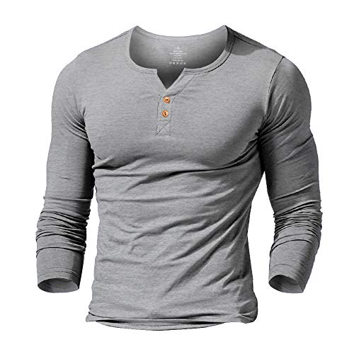 palglg Mens Long Sleeve Muscle Slim Fitted Cotton Henley T-Shirt with Buttons Grey M