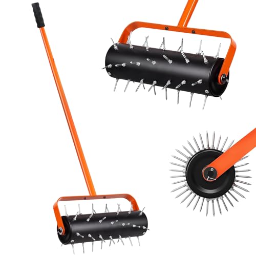 LIROPAU Rodillo aireador de césped, aireador manual, enrollador manual con 42 clavos de 5 cm y protección contra salpicaduras, aireador de césped, rodillo escarificador para jardín, patio, terraza