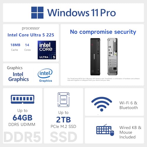 Image of Lenovo ThinkCentre M70s Small Business AI Desktop, Intel Core Ultra 5 225, 16GB DDR5, 512GB SSD, HDMI, DP, Wi-Fi 6, Support 3-Monitor 4K, Wired KB & Mouse, Win 11 Pro, Bundle ADATA 64GB Flash Drive