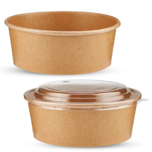 CHEF ROYALE 10x 1300ml Kraft Salad Paper Bowls with Lids - Takeaway Bowls for Hot/Cold Food - Leakproof Soup Containers - Carboard Packaging Bowls