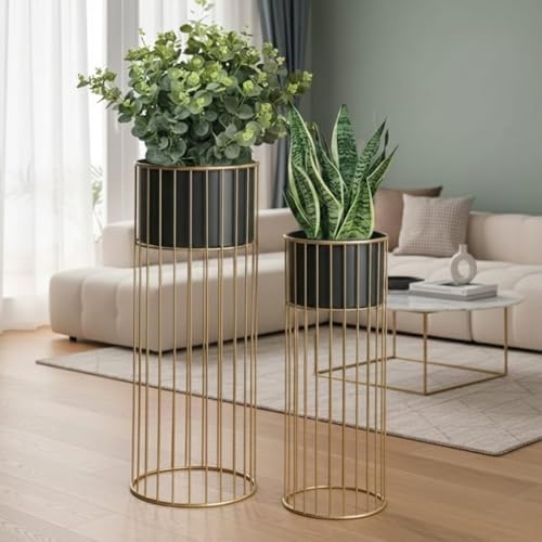 Image of Inspired Creations Modern Metal Floor Standing Planter Set of 2 | Decorative Gold & Black Indoor /Outdoor Plant Stand with Pots | Home Decor for Living Room, Balcony, Office & Bedroom