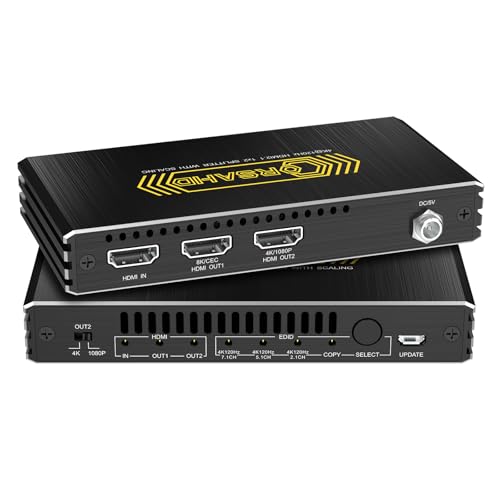 CORSAHD 8K@60Hz 4K@120Hz HDMI 2.1 Splitter 1 in 2 Out,48 Gbps,HDCP 2.3,Supports VRR,ALLM,HDCP Bypass,EDID,Duplicate/Mirror/Copy,Downscale,HDR,Dolby Vision Atmos,Soundbar