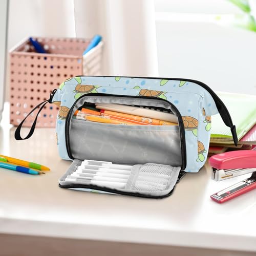 Image of Cartoon Turtles Blue Pencil Case Pouch Big Capacity Pencil Bag Box Organizer Pen Case with Compartmens Stationery Organizer for Teen Girls Boy College Women School