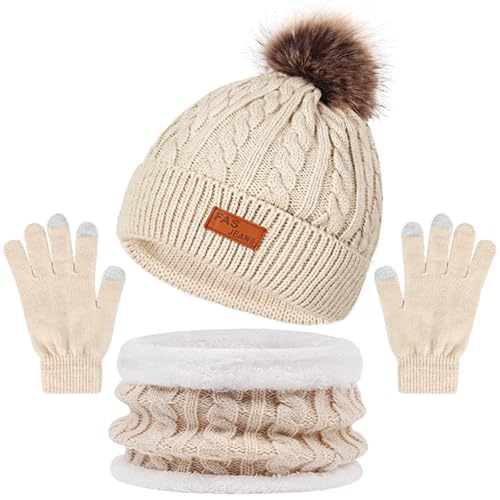 Juego de invierno de gorro, bufanda tubular y guantes con forro para adultos