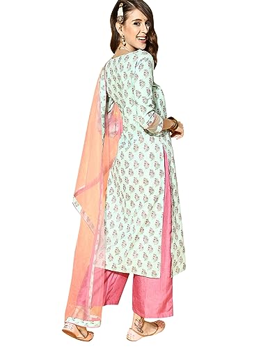 Image of Women Rangpreet Sea Green Printed Straight Kurta Palazzo With Dupatta Set